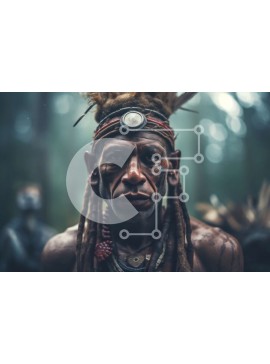 Intra Συλλεκτικό Ξύλινο Παζλ Plywood  4mm - Κοντινό πλάνο ιθαγενών Αμερικανού άνδρα με παραδοσιακή κόμμωση και βαφή προσώπου Σε Ξύλινο Κουτί - Διαστάσεις Puzzle: 10x10 cm – 25 κομμάτια