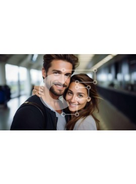 Intra Συλλεκτικό Ξύλινο Παζλ Plywood  4mm - Νεαρό ζευγάρι αγκαλιάζεται και χαμογελά σε ένα διάδρομο αεροδρομίου Σε Ξύλινο Κουτί - Διαστάσεις Puzzle: 10x10 cm – 25 κομμάτια