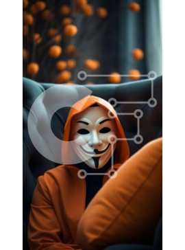 Intra Συλλεκτικό Ξύλινο Παζλ Plywood  4mm - Πρόσωπο με πορτοκαλί κουκούλα και μάσκα Guy Fawkes που κάθεται σε έναν δερμάτινο καναπέ Σε Ξύλινο Κουτί - Διαστάσεις Puzzle: 10x10 cm – 25 κομμάτια