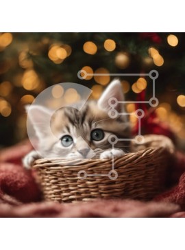 Intra Συλλεκτικό Ξύλινο Παζλ Plywood  4mm - Περίεργο γατάκι στο καλάθι με φόντο το χριστουγεννιάτικο δέντρο Σε Ξύλινο Κουτί - Διαστάσεις: 10x10 cm – 25 κομμάτια