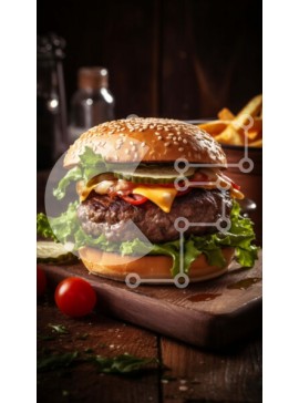 Intra Συλλεκτικό Ξύλινο Παζλ Plywood  4mm - Νόστιμη εικόνα ενός Cheeseburger με μαρούλι, ντομάτα και τηγανιτές πατάτες σε ένα ξύλινο τραπέζι Σε Ξύλινο Κουτί - Διαστάσεις: 10x10 cm – 25 κομμάτια