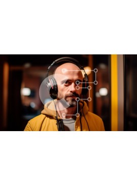 Intra Συλλεκτικό Ξύλινο Παζλ Plywood  4mm - Σοβαρός φαλακρός άνδρας με κίτρινο σακάκι και ακουστικά που κοιτάζει την κάμερα Σε Ξύλινο Κουτί - Διαστάσεις Puzzle: 10x10 cm – 25 κομμάτια