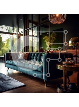 Intra Συλλεκτικό Ξύλινο Παζλ Plywood  4mm - Άνετο και εκλεπτυσμένο σαλόνι με μπλε βελούδινο καναπέ και μεγάλα παράθυρα Σε Ξύλινο Κουτί - Διαστάσεις Puzzle: 10x10 cm – 25 κομμάτια