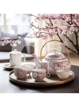 Intra Συλλεκτικό Ξύλινο Παζλ Plywood  4mm - Σετ τσαγιού με φλιτζάνια και ανθισμένες κερασιές Σε Ξύλινο Κουτί - Διαστάσεις Puzzle: 10x10 cm – 25 κομμάτια