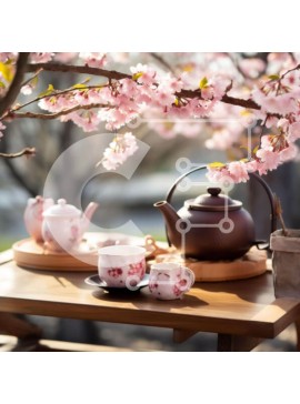 Intra Συλλεκτικό Ξύλινο Παζλ Plywood  4mm - Ξύλινο τραπέζι με τσαγιέρα, φλιτζάνια και πιατάκια και ροζ ανθισμένο δέντρο στο βάθος Σε Ξύλινο Κουτί - Διαστάσεις: 10x10 cm – 25 κομμάτια