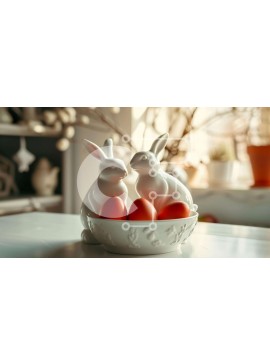 Intra Συλλεκτικό Ξύλινο Παζλ Plywood  4mm - Δύο λευκά ειδώλια κουνελιών με κόκκινα αυγά σε ένα μπολ Σε Ξύλινο Κουτί - Διαστάσεις Puzzle: 10x10 cm – 25 κομμάτια