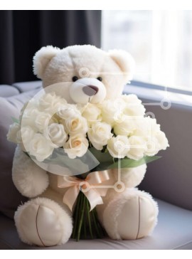 Intra Συλλεκτικό Ξύλινο Παζλ Plywood  4mm - Λευκό αρκουδάκι με τριαντάφυλλα Σε Ξύλινο Κουτί - Διαστάσεις Puzzle: 10x10 cm – 25 κομμάτια