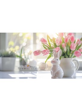 Intra Συλλεκτικό Ξύλινο Παζλ Plywood  4mm - Πασχαλινό λαγουδάκι με ροζ τουλίπες και λευκό βάζο Σε Ξύλινο Κουτί - Διαστάσεις Puzzle: 10x10 cm – 25 κομμάτια