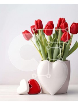 Intra Συλλεκτικό Ξύλινο Παζλ Plywood  4mm - Κόκκινες τουλίπες σε λευκό βάζο με διακοσμητικά καρδιά Σε Ξύλινο Κουτί - Διαστάσεις Puzzle: 10x10 cm – 25 κομμάτια