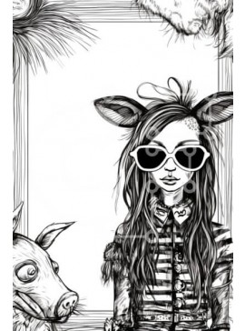 Intra Συλλεκτικό Ξύλινο Παζλ Plywood  4mm - Κορίτσι με αυτιά ζώων και γυαλιά ηλίου που στέκεται μπροστά από το πλαίσιο των ζώων Σε Ξύλινο Κουτί - Διαστάσεις Puzzle: 10x10 cm – 25 κομμάτια