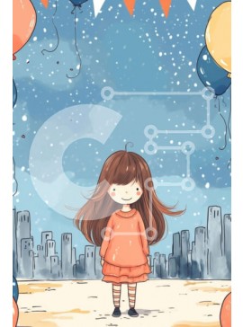 Intra Συλλεκτικό Ξύλινο Παζλ Plywood  4mm - Κορίτσι κινουμένων σχεδίων σε αστικό τοπίο με πολύχρωμα μπαλόνια και ομπρέλες Σε Ξύλινο Κουτί - Διαστάσεις Puzzle: 10x10 cm – 25 κομμάτια