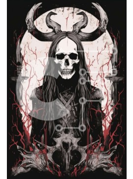 Intra Συλλεκτικό Ξύλινο Παζλ Plywood  4mm - Κρανίο με μακριά μαλλιά και κέρατα που κρατούν ξίφη μπροστά από την πανσέληνο Σε Ξύλινο Κουτί - Διαστάσεις Puzzle: 10x10 cm – 25 κομμάτια