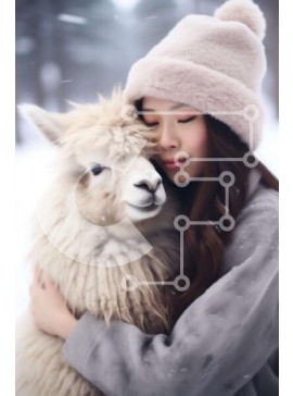 Σετ των 2 Intra Συλλεκτικό Ξύλινο Παζλ Plywood  4mm - Νεαρή γυναίκα που αγκαλιάζει το αλπακά στο χιόνι Σε Ξύλινο Κουτί - Διαστάσεις: 10x10 cm – 25 κομμάτια