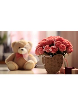 Intra Συλλεκτικό Ξύλινο Παζλ Plywood  4mm - Βάζο σε σχήμα καρδιάς με ροζ τριαντάφυλλα και αρκουδάκι Σε Ξύλινο Κουτί - Διαστάσεις Puzzle: 10x10 cm – 25 κομμάτια