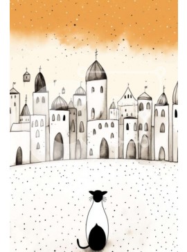 Σετ των 2 Intra Συλλεκτικό Ξύλινο Παζλ Plywood  4mm - Ασπρόμαυρη γάτα που απολαμβάνει θέα στην πόλη Σε Ξύλινο Κουτί - Διαστάσεις: 10x10 cm – 25 κομμάτια