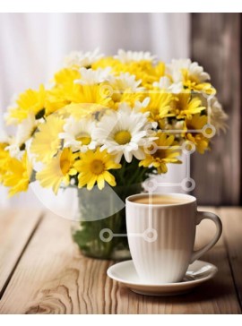 Σετ των 2 Intra Συλλεκτικό Ξύλινο Παζλ Plywood  4mm - Φλιτζάνι καφέ με μαργαρίτες σε ξύλινο τραπέζι Σε Ξύλινο Κουτί - Διαστάσεις: 10x10 cm – 25 κομμάτια