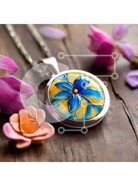 Σετ των 2 Intra Συλλεκτικό Ξύλινο Παζλ Plywood  4mm - Μπλε και κίτρινο μενταγιόν λουλουδιών σε ροζ και μωβ λουλούδια Σε Ξύλινο Κουτί - Διαστάσεις: 10x10 cm – 25 κομμάτια