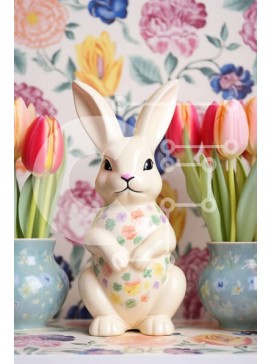 Intra Συλλεκτικό Ξύλινο Παζλ Plywood  4mm - Λευκό ειδώλιο λαγουδάκι με ανοιξιάτικες συνθέσεις με τουλίπα Σε Ξύλινο Κουτί - Διαστάσεις Puzzle: 10x10 cm – 25 κομμάτια