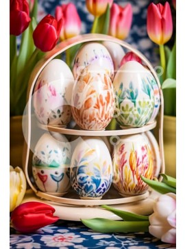 Intra Συλλεκτικό Ξύλινο Παζλ Plywood  4mm - Πολύχρωμο Πασχαλινό καλάθι με αυγά και τουλίπες Σε Ξύλινο Κουτί - Διαστάσεις Puzzle: 10x10 cm – 25 κομμάτια