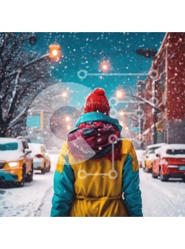 Intra Συλλεκτικό Ξύλινο Παζλ Plywood  4mm - Άτομο που περπατά στο χιονισμένο δρόμο τη νύχτα με αυτοκίνητα και λεωφορεία στο παρασκήνιο Σε Ξύλινο Κουτί - Διαστάσεις Puzzle: 10x10 cm – 25 κομμάτια