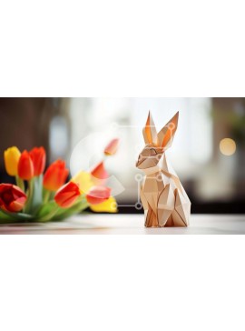 Intra Συλλεκτικό Ξύλινο Παζλ Plywood  4mm - Origami κουνέλι και τουλίπες στο τραπέζι Σε Ξύλινο Κουτί - Διαστάσεις Puzzle: 10x10 cm – 25 κομμάτια