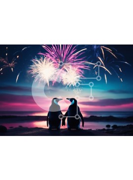 Intra Συλλεκτικό Ξύλινο Παζλ Plywood  4mm - Ρομαντικοί πιγκουίνοι στην παραλία με πυροτεχνήματα Σε Ξύλινο Κουτί - Διαστάσεις: 10x10 cm – 25 κομμάτια