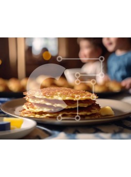 Σετ των 2 Intra Συλλεκτικό Ξύλινο Παζλ Plywood  4mm - Στοίβα από τηγανίτες με παιδιά που απολαμβάνουν ένα γεύμα Σε Ξύλινο Κουτί - Διαστάσεις: 10x10 cm – 25 κομμάτια