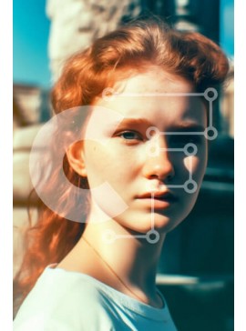 Intra Συλλεκτικό Ξύλινο Παζλ Plywood  4mm - Νεαρή γυναίκα με κόκκινα μαλλιά και πράσινα μάτια που στέκεται μπροστά από το άγαλμα στην πόλη Σε Ξύλινο Κουτί - Διαστάσεις Puzzle: 10x10 cm – 25 κομμάτια