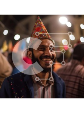 Intra Συλλεκτικό Ξύλινο Παζλ Plywood  4mm - Πολύχρωμο καπέλο για πάρτι που χαμογελά στην πολυσύχναστη οδό τη νύχτα Σε Ξύλινο Κουτί - Διαστάσεις Puzzle: 10x10 cm – 25 κομμάτια