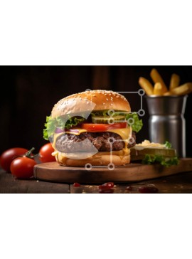 Σετ των 2 Intra Συλλεκτικό Ξύλινο Παζλ Plywood  4mm - Λαχταριστό χάμπουργκερ με τυρί, μαρούλι, ντομάτα και τηγανιτές πατάτες σε ξύλινη σανίδα Σε Ξύλινο Κουτί - Διαστάσεις: 10x10 cm – 25 κομμάτια