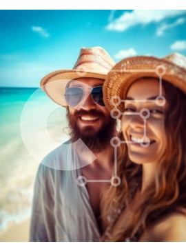 Intra Συλλεκτικό Ξύλινο Παζλ Plywood  4mm - Χαμογελαστό ζευγάρι στην παραλία με γυαλιά ηλίου και καπέλα Σε Ξύλινο Κουτί - Διαστάσεις Puzzle: 10x10 cm – 25 κομμάτια