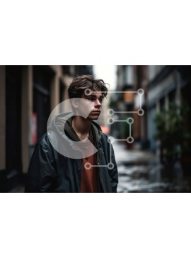 Intra Συλλεκτικό Ξύλινο Παζλ Plywood  4mm - Ζοφερή εικόνα ενός νεαρού άνδρα σε βρεγμένο δρόμο με κουκούλα και τηλέφωνο Σε Ξύλινο Κουτί - Διαστάσεις Puzzle: 10x10 cm – 25 κομμάτια