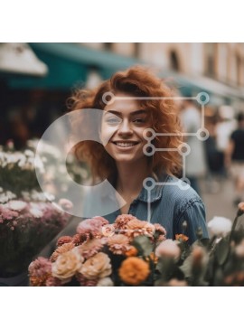 Intra Συλλεκτικό Ξύλινο Παζλ Plywood  4mm - Χαμογελαστή γυναίκα με κόκκινα μαλλιά που κρατά λουλούδια στο στάβλο της αγοράς Σε Ξύλινο Κουτί - Διαστάσεις Puzzle: 10x10 cm – 25 κομμάτια