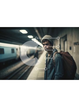 Intra Συλλεκτικό Ξύλινο Παζλ Plywood  4mm - Νεαρός άνδρας στην πλατφόρμα τρένου που κοιτάζει το τηλέφωνο Σε Ξύλινο Κουτί - Διαστάσεις Puzzle: 10x10 cm – 25 κομμάτια