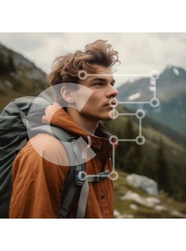 Intra Συλλεκτικό Ξύλινο Παζλ Plywood  4mm - Περιπέτεια πεζοπορίας: Νεαρός άνδρας που στέκεται στο βραχώδες μονοπάτι, απολαμβάνοντας τη θέα στο χιονισμένο βουνό Σε Ξύλινο Κουτί - Διαστάσεις: 10x10 cm – 25 κομμάτια