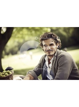 Intra Συλλεκτικό Ξύλινο Παζλ Plywood  4mm - Ευτυχισμένος άνδρας που κρατά καλάθι με μήλα στο πάρκο Σε Ξύλινο Κουτί - Διαστάσεις Puzzle: 10x10 cm – 25 κομμάτια