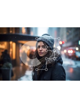 Intra Συλλεκτικό Ξύλινο Παζλ Plywood  4mm - Γυναίκα με μαύρο σακάκι και Beanie στέκεται στη Snowy Street τη νύχτα Σε Ξύλινο Κουτί - Διαστάσεις Puzzle: 10x10 cm – 25 κομμάτια