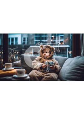 Intra Συλλεκτικό Ξύλινο Παζλ Plywood  4mm - Αξιολάτρευτη φωτογραφία του παιδιού με στολή αρκουδάκι που απολαμβάνει ζεστή σοκολάτα με θέα στο χιόνι Σε Ξύλινο Κουτί - Διαστάσεις Puzzle: 10x10 cm – 25 κομμάτια