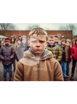 Intra Συλλεκτικό Ξύλινο Παζλ Plywood  4mm - Αγόρι με το Scowl που στέκεται μπροστά από μια ομάδα ανθρώπων Σε Ξύλινο Κουτί - Διαστάσεις Puzzle: 10x10 cm – 25 κομμάτια