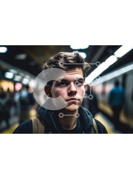 Intra Συλλεκτικό Ξύλινο Παζλ Plywood  4mm - Νεαρός άνδρας με σοβαρή έκφραση στην πλατφόρμα του μετρό Σε Ξύλινο Κουτί - Διαστάσεις Puzzle: 10x10 cm – 25 κομμάτια