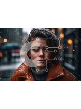 Intra Συλλεκτικό Ξύλινο Παζλ Plywood  4mm - Σοβαρή νεαρή γυναίκα με πορτοκαλί μπουφάν που στέκεται στη βροχή Σε Ξύλινο Κουτί - Διαστάσεις Puzzle: 10x10 cm – 25 κομμάτια