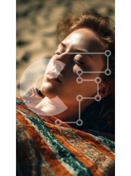 Intra Συλλεκτικό Ξύλινο Παζλ Plywood  4mm - Εικόνα γυναίκας ξαπλωμένη στην παραλία με κλειστά μάτια και ριγέ σάλι Σε Ξύλινο Κουτί - Διαστάσεις Puzzle: 10x10 cm – 25 κομμάτια