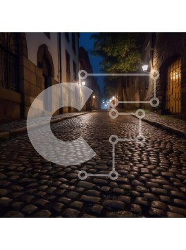 Intra Συλλεκτικό Ξύλινο Παζλ Plywood  4mm - Πλακόστρωτος δρόμος σε μια παλιά πόλη το σούρουπο με φανοστάτες και κτίρια εκατέρωθεν Σε Ξύλινο Κουτί - Διαστάσεις Puzzle: 10x10 cm – 25 κομμάτια