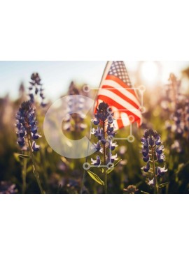 Intra Συλλεκτικό Ξύλινο Παζλ Plywood  4mm - Αμερικανική σημαία στο πεδίο των μωβ λουλουδιών Σε Ξύλινο Κουτί - Διαστάσεις Puzzle: 10x10 cm – 25 κομμάτια