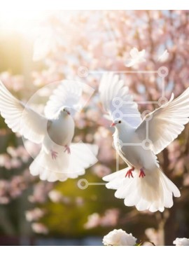 Intra Συλλεκτικό Ξύλινο Παζλ Plywood  4mm - Λευκά περιστέρια που πετούν κοντά σε ροζ ανθισμένο δέντρο Σε Ξύλινο Κουτί - Διαστάσεις: 10x10 cm – 25 κομμάτια