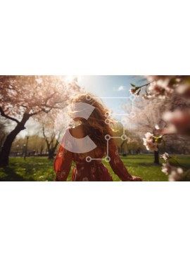 Intra Συλλεκτικό Ξύλινο Παζλ Plywood  4mm - Γυναίκα που περπατά στο πάρκο με τις ανθισμένες κερασιές Σε Ξύλινο Κουτί - Διαστάσεις: 10x10 cm – 25 κομμάτια