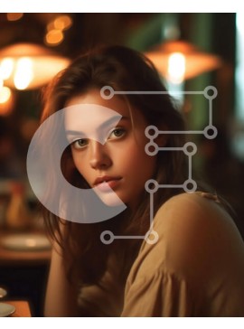 Intra Συλλεκτικό Ξύλινο Παζλ Plywood  4mm - Στοχαστική νεαρή γυναίκα με μπεζ πουκάμισο κάθεται σε αμυδρά φωτισμένο εστιατόριο Σε Ξύλινο Κουτί - Διαστάσεις Puzzle: 10x10 cm – 25 κομμάτια