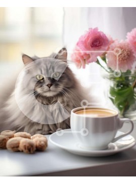 Σετ των 2 Intra Συλλεκτικό Ξύλινο Παζλ Plywood  4mm - Γκρίζα γάτα στο περβάζι παραθύρου με καφέ και μπισκότα Σε Ξύλινο Κουτί - Διαστάσεις: 10x10 cm – 25 κομμάτια