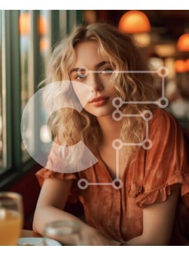 Intra Συλλεκτικό Ξύλινο Παζλ Plywood  4mm - Πορτρέτο μιας νεαρής ξανθιάς γυναίκας με μια πορτοκαλί μπλούζα σε ένα εστιατόριο Σε Ξύλινο Κουτί - Διαστάσεις Puzzle: 10x10 cm – 25 κομμάτια
