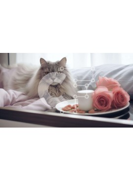 Σετ των 2 Intra Συλλεκτικό Ξύλινο Παζλ Plywood  4mm - Γκρίζα γάτα με τριαντάφυλλα και φαγητό στο κρεβάτι Σε Ξύλινο Κουτί - Διαστάσεις: 10x10 cm – 25 κομμάτια
